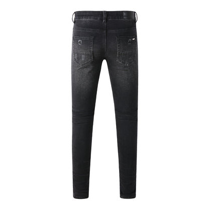 Men's Tight Fit Black Jeans with Paisley Patches and Distressed Details 669