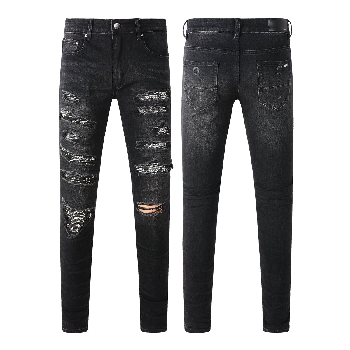 Men's Tight Fit Black Jeans with Paisley Patches and Distressed Details 669