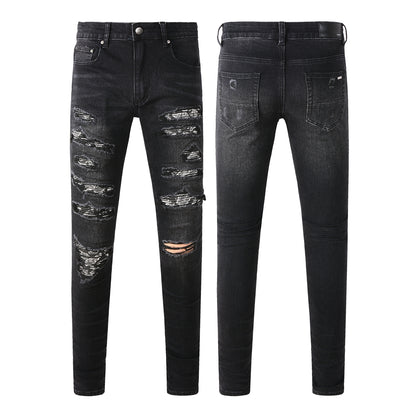 Men's Tight Fit Black Jeans with Paisley Patches and Distressed Details 669