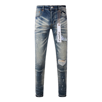 Men Streetwear Jeans Distressed Blue Patch Paint Skinny Fit 9025