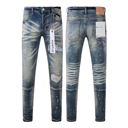 Men Streetwear Jeans Distressed Blue Patch Paint Skinny Fit 9025