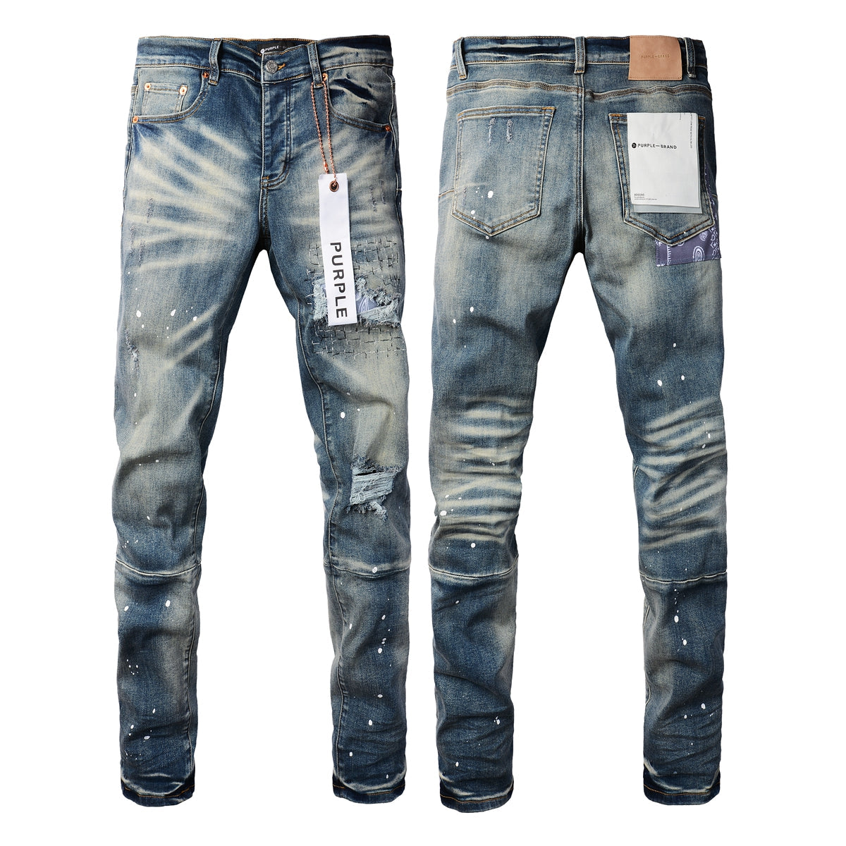 Men Streetwear Jeans Distressed Blue Patch Paint Skinny Fit 9025