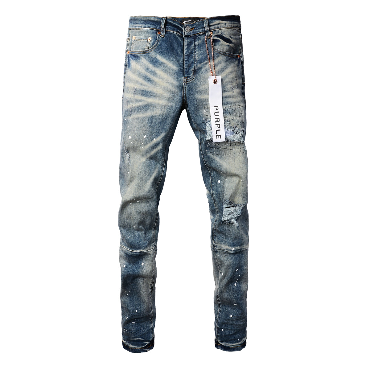 Men Streetwear Jeans Distressed Blue Patch Paint Skinny Fit 9025