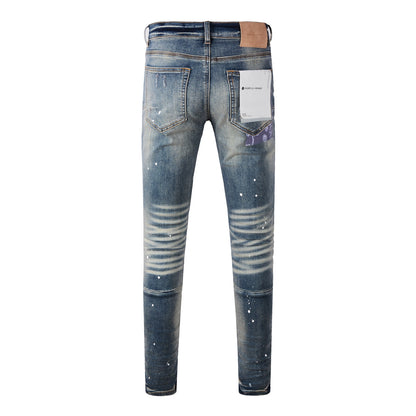 Men Streetwear Jeans Distressed Blue Patch Paint Skinny Fit 9025
