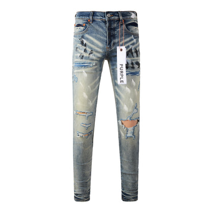 Men Classic Streetwear Jeans Distressed Blue Paint Slash Skinny 9037