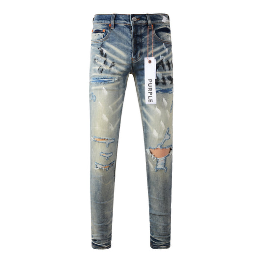Men Classic Streetwear Jeans Distressed Blue Paint Slash Skinny 9037