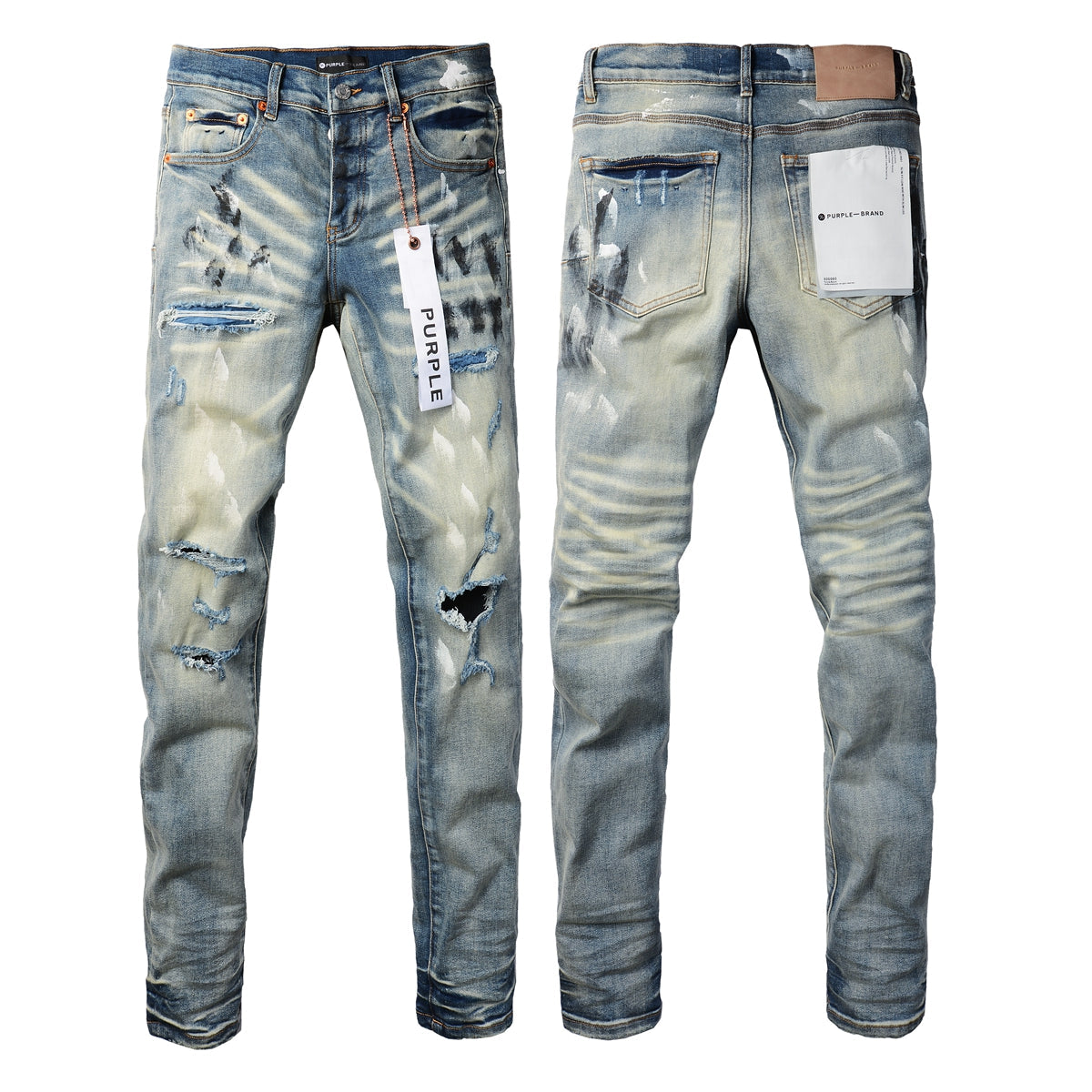 Men Classic Streetwear Jeans Distressed Blue Paint Slash Skinny 9037