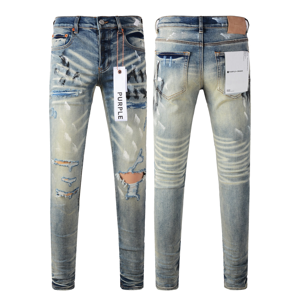 Men Classic Streetwear Jeans Distressed Blue Paint Slash Skinny 9037