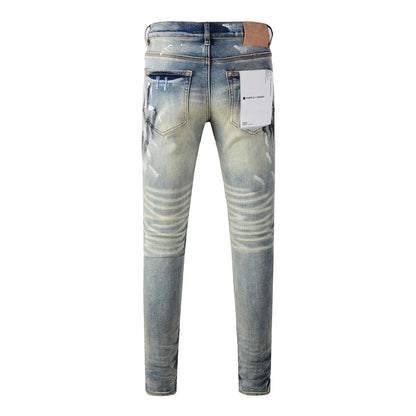 Men Classic Streetwear Jeans Distressed Blue Paint Slash Skinny 9037