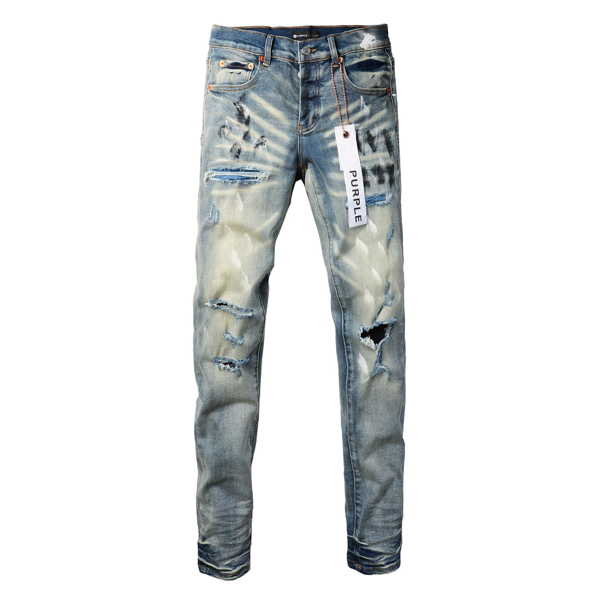 Men Classic Streetwear Jeans Distressed Blue Paint Slash Skinny 9037