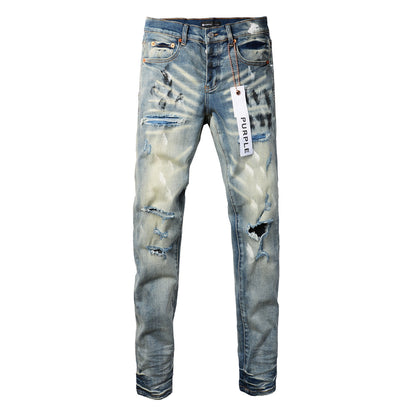Men Classic Streetwear Jeans Distressed Blue Paint Slash Skinny 9037