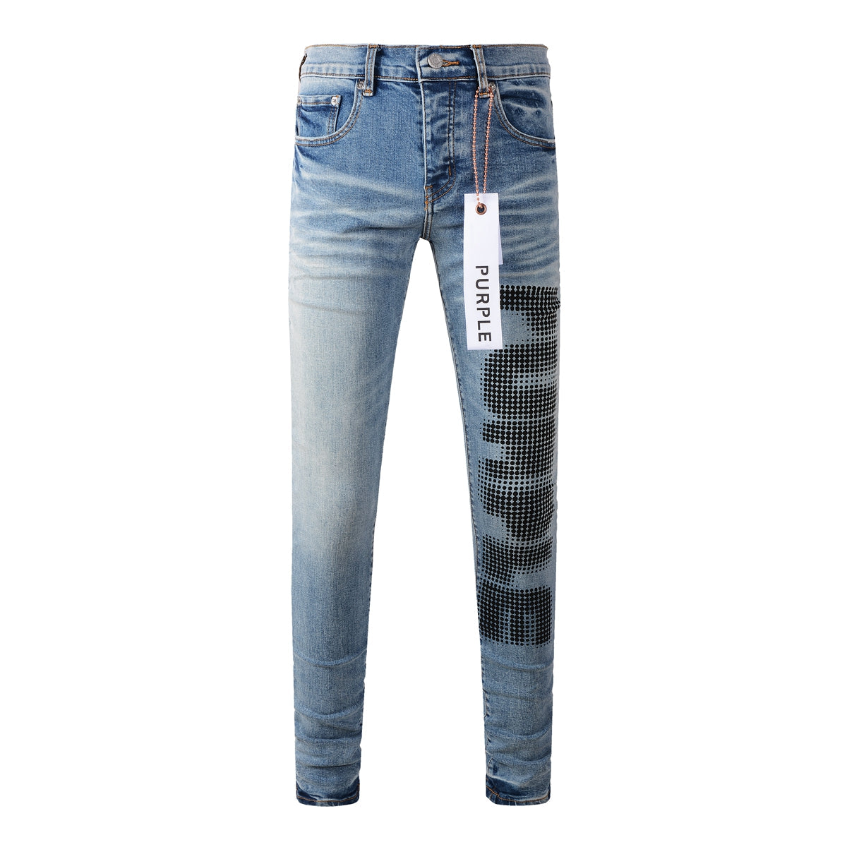 Men’s Light Blue Skinny Jeans with Black Pixel Letter Print Street Style Denim Pants 9052