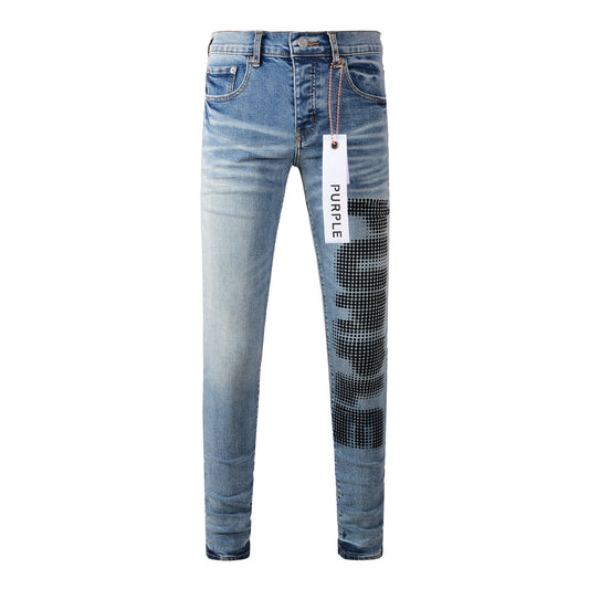 Men’s Light Blue Skinny Jeans with Black Pixel Letter Print Street Style Denim Pants 9052