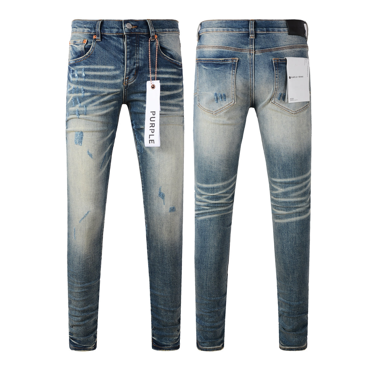Men’s Faded Light Blue Skinny Jeans with Distressed Wash and Whisker Detailing Vintage Denim Pants 9055