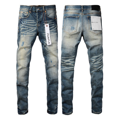 Men’s Faded Light Blue Skinny Jeans with Distressed Wash and Whisker Detailing Vintage Denim Pants 9055
