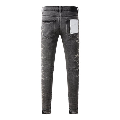 Mens Grey Slim Fit Washed Denim Jeans Unique Bleach Effect Streetwear Casual Pants 9056