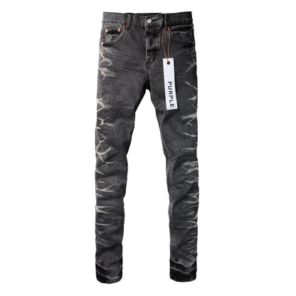 Mens Grey Slim Fit Washed Denim Jeans Unique Bleach Effect Streetwear Casual Pants 9056