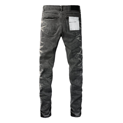 Mens Grey Slim Fit Washed Denim Jeans Unique Bleach Effect Streetwear Casual Pants 9056