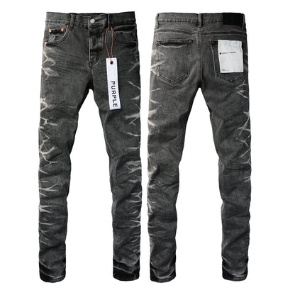 Mens Grey Slim Fit Washed Denim Jeans Unique Bleach Effect Streetwear Casual Pants 9056