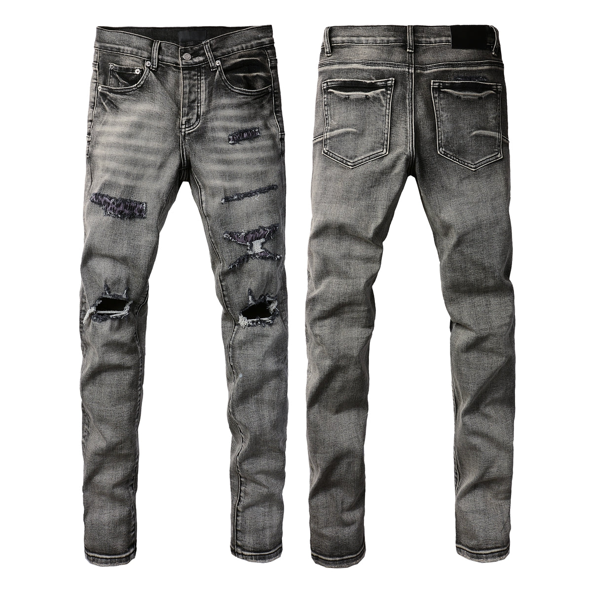 Men Classic Streetwear Jeans Distressed Black Grey Ripped Skinny 9068
