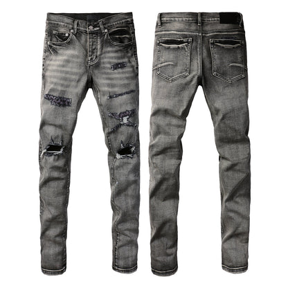 Men Classic Streetwear Jeans Distressed Black Grey Ripped Skinny 9068