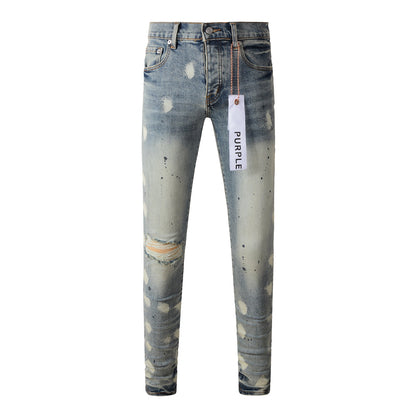 Men Streetwear Jeans Distressed Light Blue Paint Dot Ripped Skinny 9092