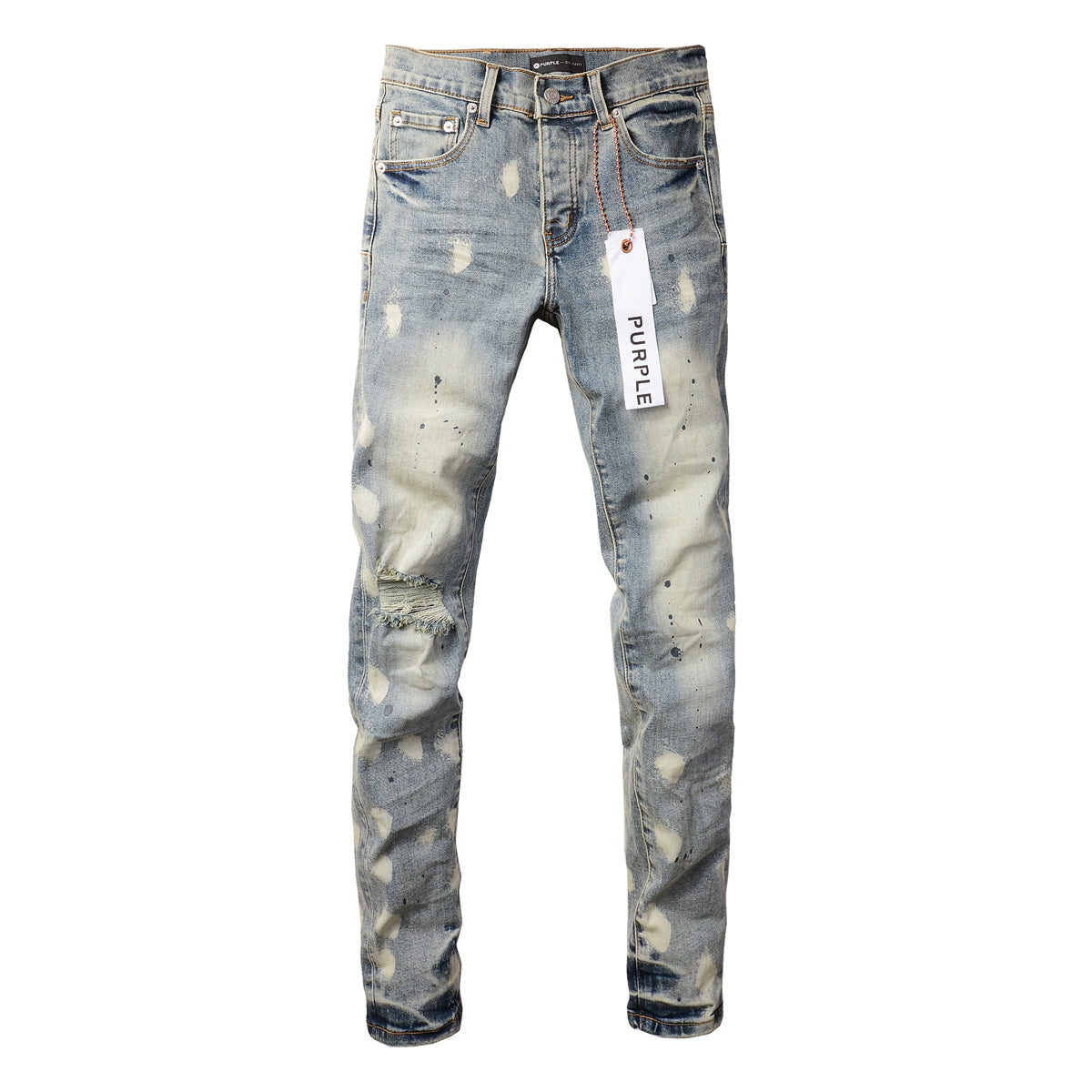 Men Streetwear Jeans Distressed Light Blue Paint Dot Ripped Skinny 9092
