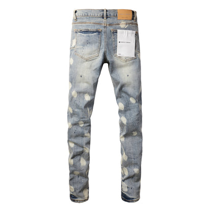Men Streetwear Jeans Distressed Light Blue Paint Dot Ripped Skinny 9092