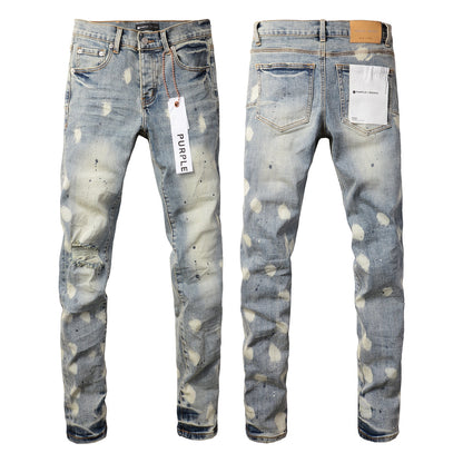 Men Streetwear Jeans Distressed Light Blue Paint Dot Ripped Skinny 9092