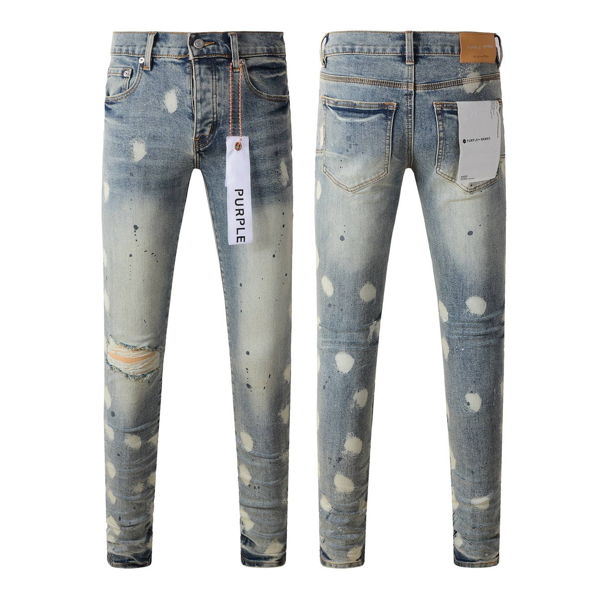Men Streetwear Jeans Distressed Light Blue Paint Dot Ripped Skinny 9092