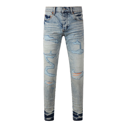 Men Streetwear Jeans Distressed Light Blue Abstract Ripped Skinny 9093