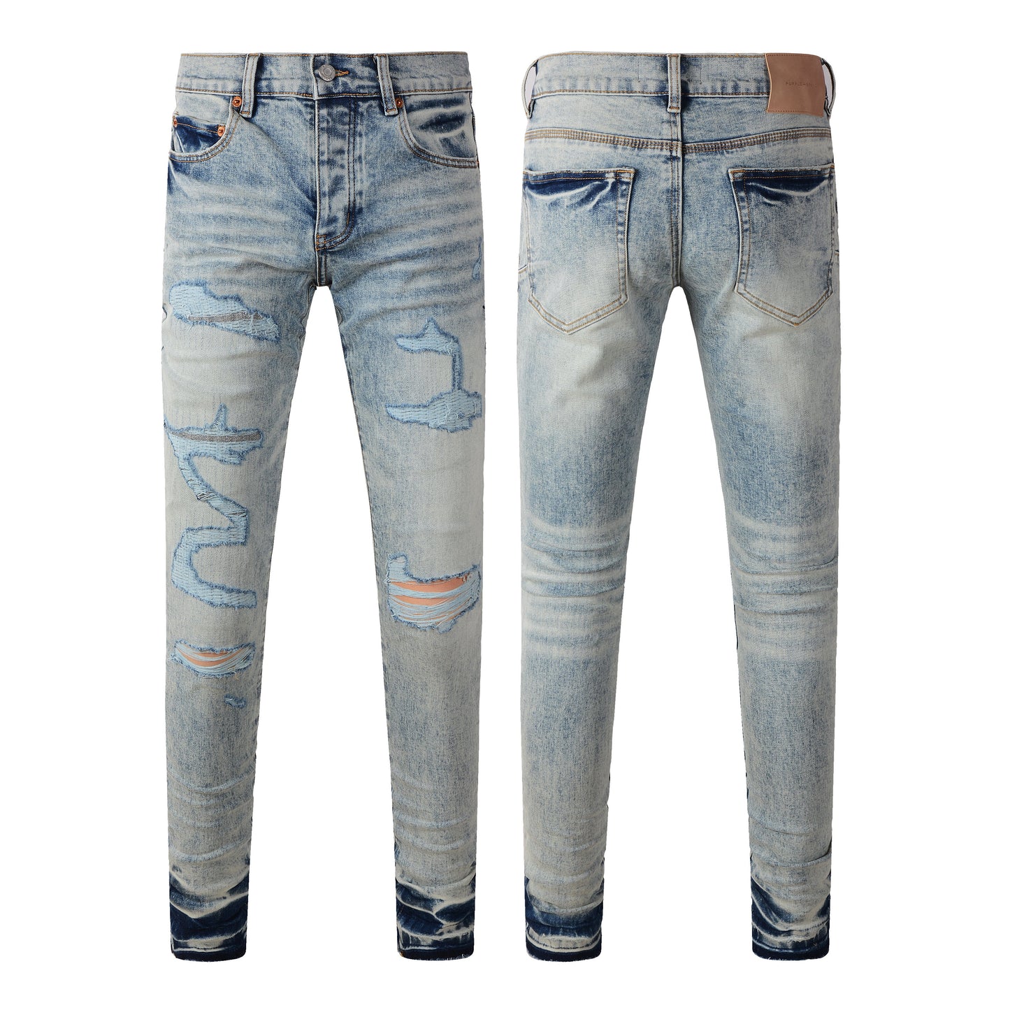 Men Streetwear Jeans Distressed Light Blue Abstract Ripped Skinny 9093