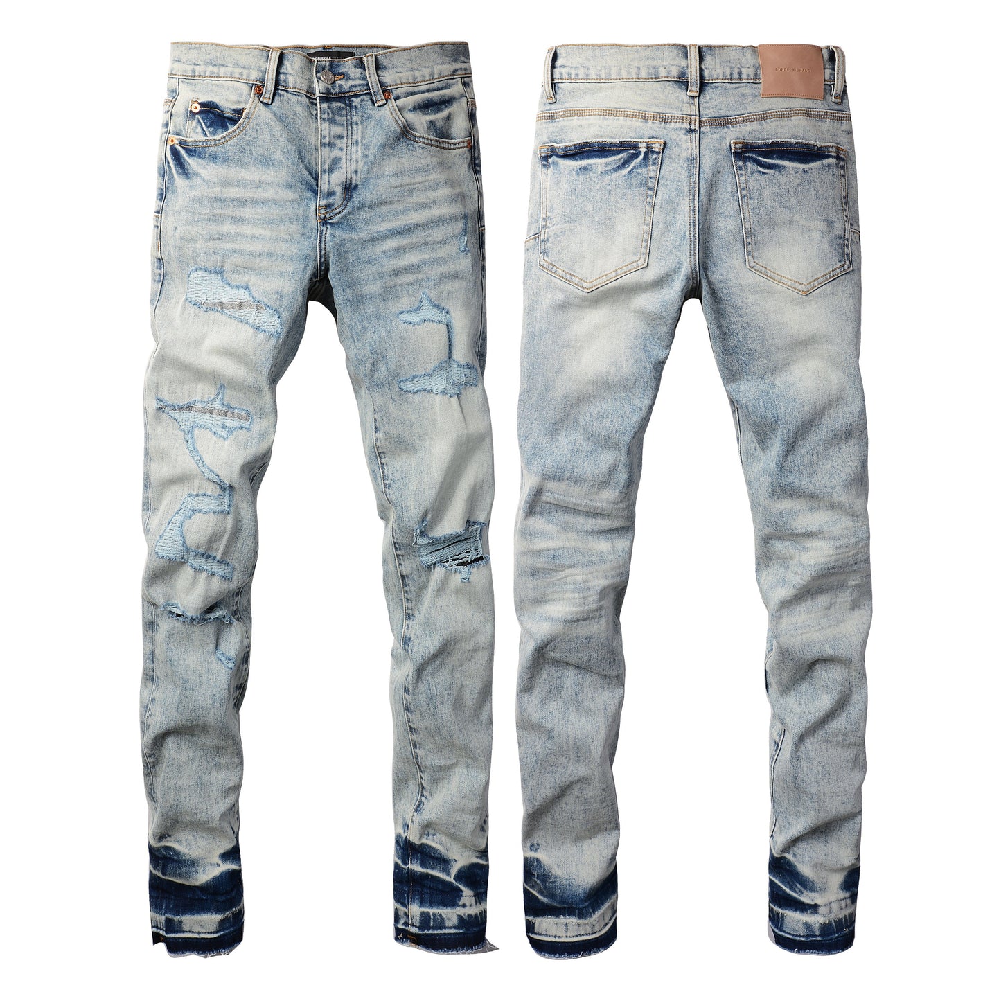 Men Streetwear Jeans Distressed Light Blue Abstract Ripped Skinny 9093