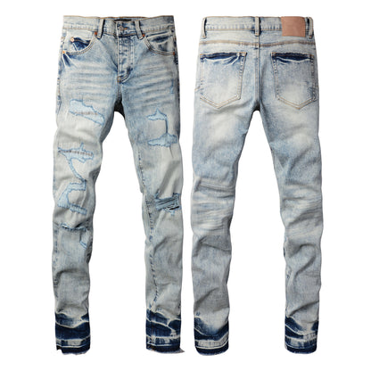 Men Streetwear Jeans Distressed Light Blue Abstract Ripped Skinny 9093