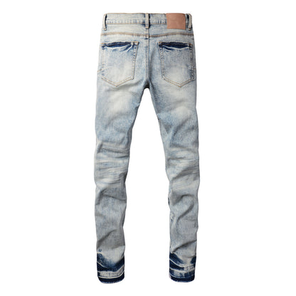 Men Streetwear Jeans Distressed Light Blue Abstract Ripped Skinny 9093