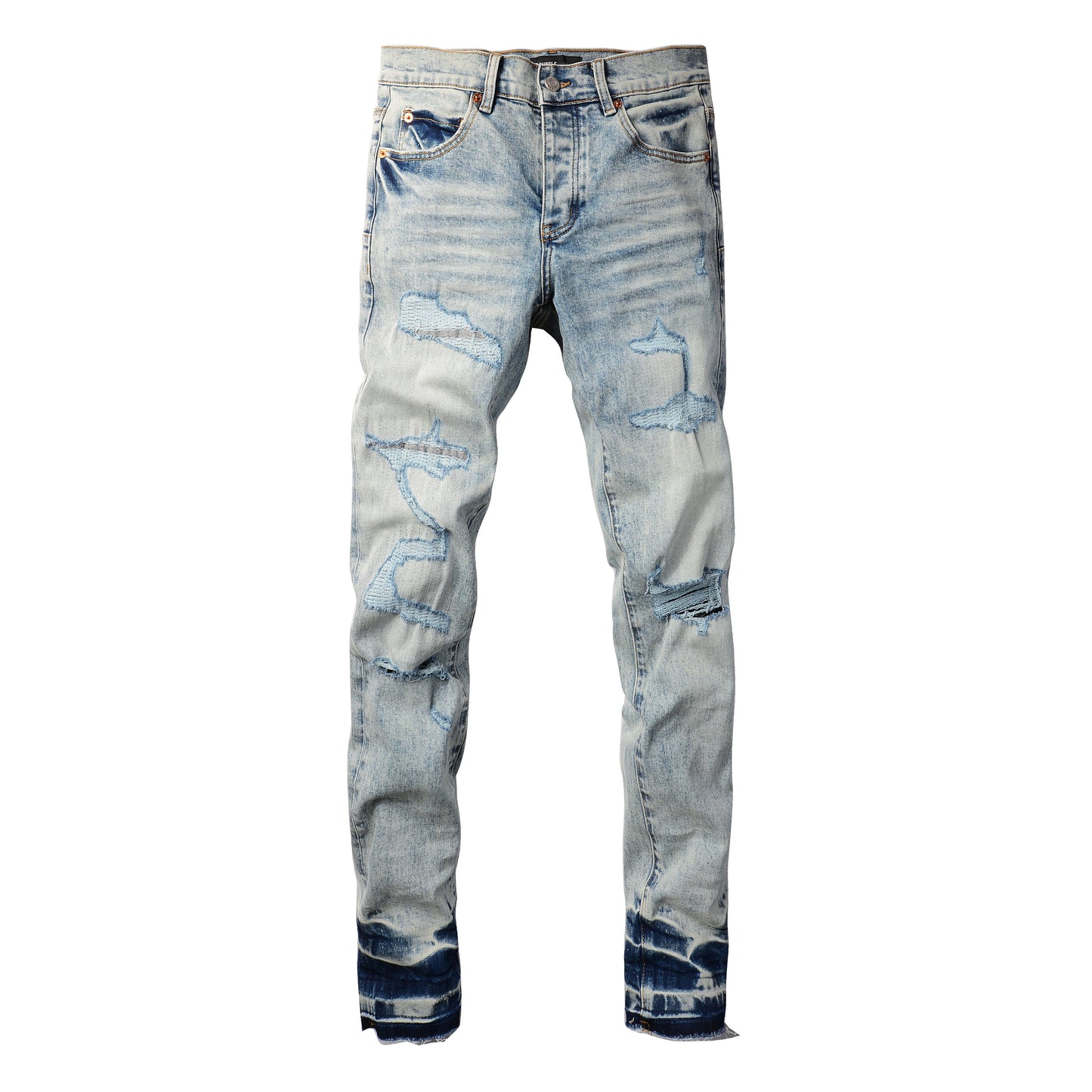 Men Streetwear Jeans Distressed Light Blue Abstract Ripped Skinny 9093