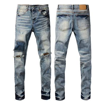 Men Streetwear Jeans Distressed Light Blue Patch Leopard Ripped Skinny 9095
