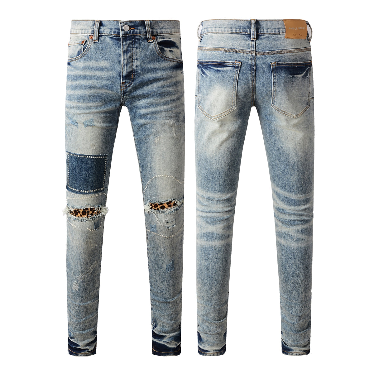 Men Streetwear Jeans Distressed Light Blue Patch Leopard Ripped Skinny 9095