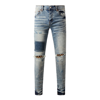 Men Streetwear Jeans Distressed Light Blue Patch Leopard Ripped Skinny 9095