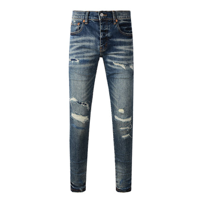Men Classic Streetwear Jeans Distressed Dark Blue Ripped Skinny 9096