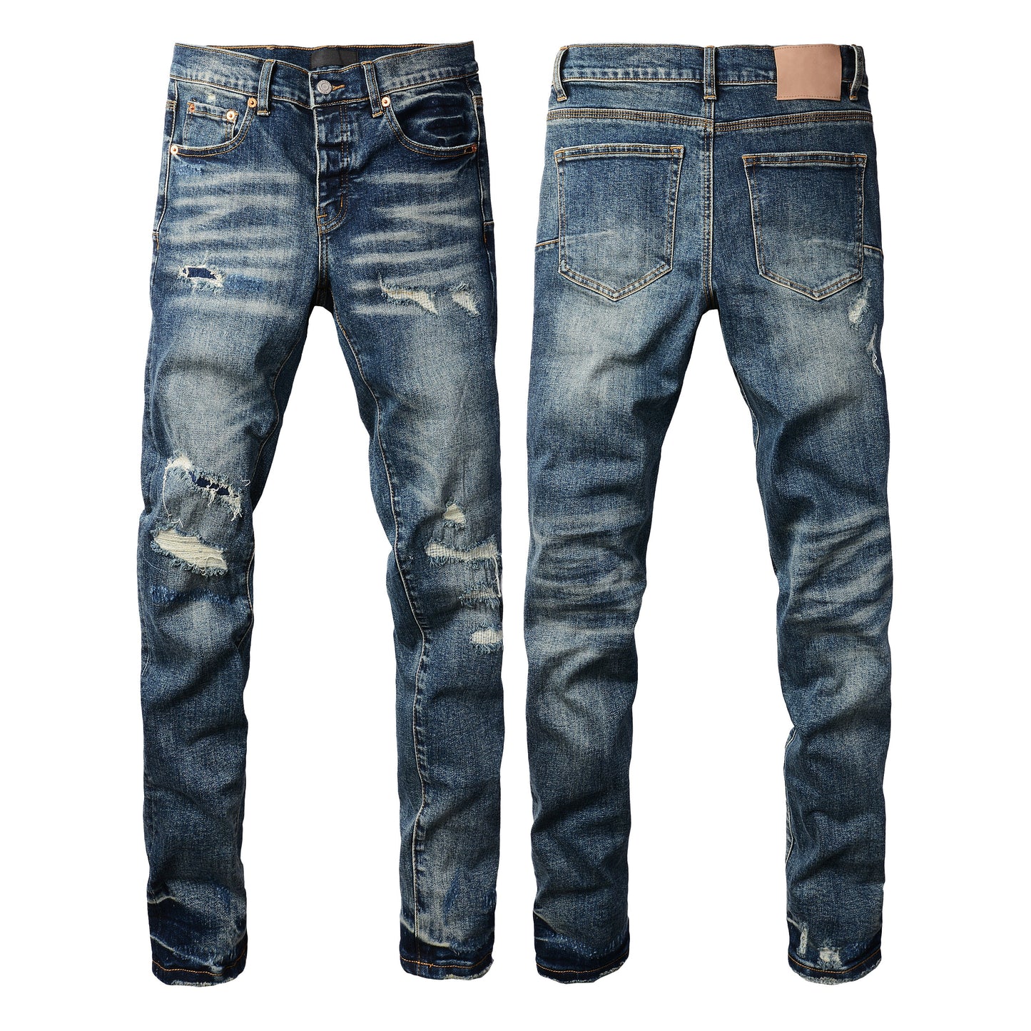 Men Classic Streetwear Jeans Distressed Dark Blue Ripped Skinny 9096