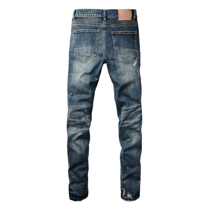 Men Classic Streetwear Jeans Distressed Dark Blue Ripped Skinny 9096