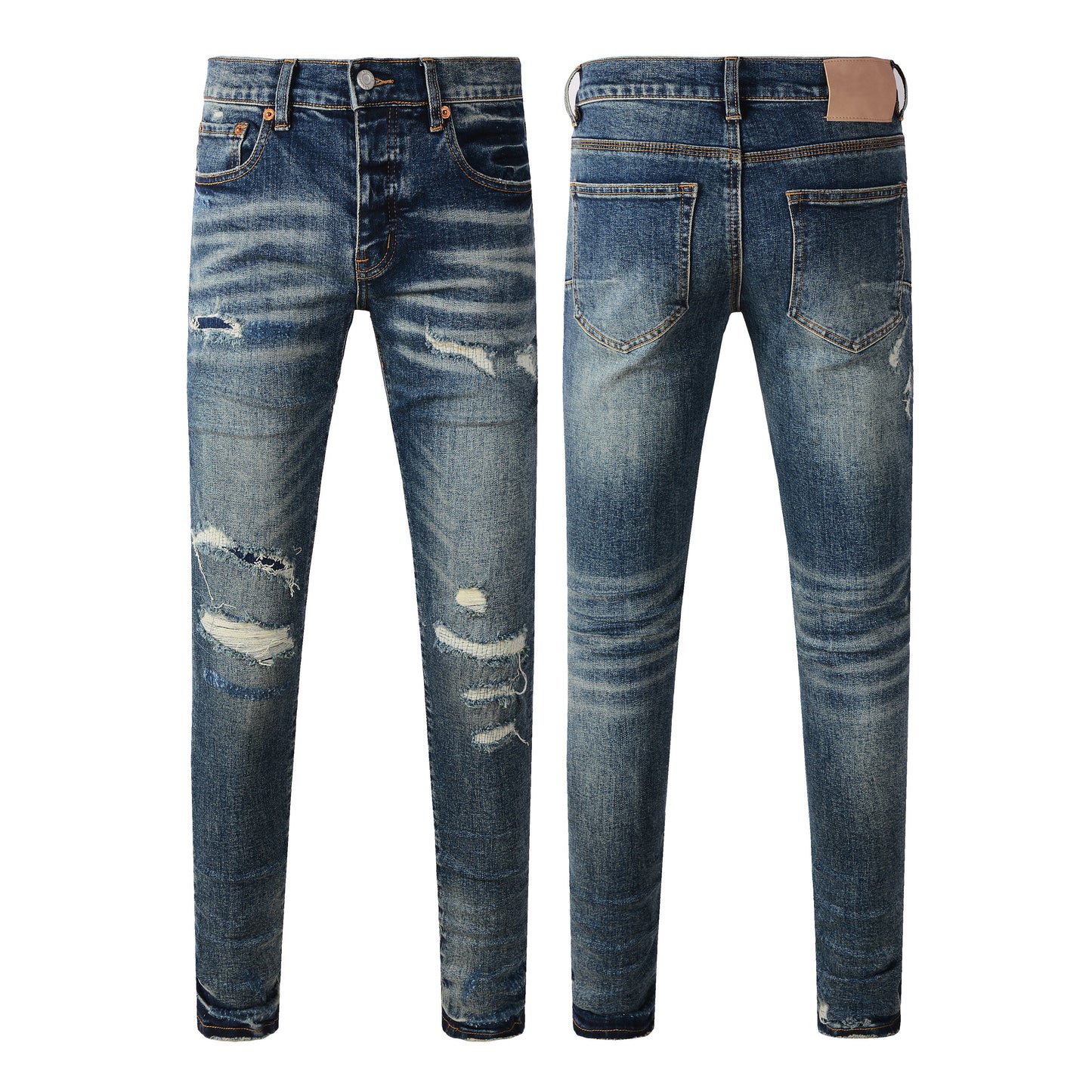 Men Classic Streetwear Jeans Distressed Dark Blue Ripped Skinny 9096