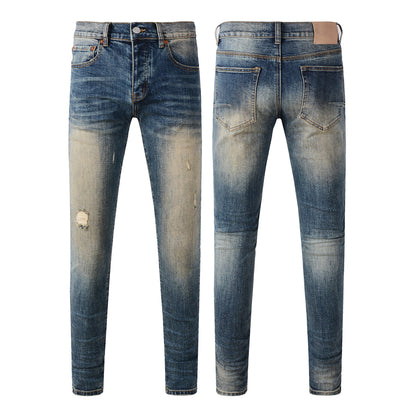Men Classic Streetwear Jeans Light Washed Distressed Skinny Fit 9097