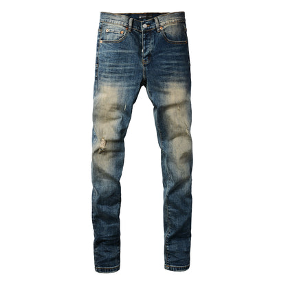 Men Classic Streetwear Jeans Light Washed Distressed Skinny Fit 9097
