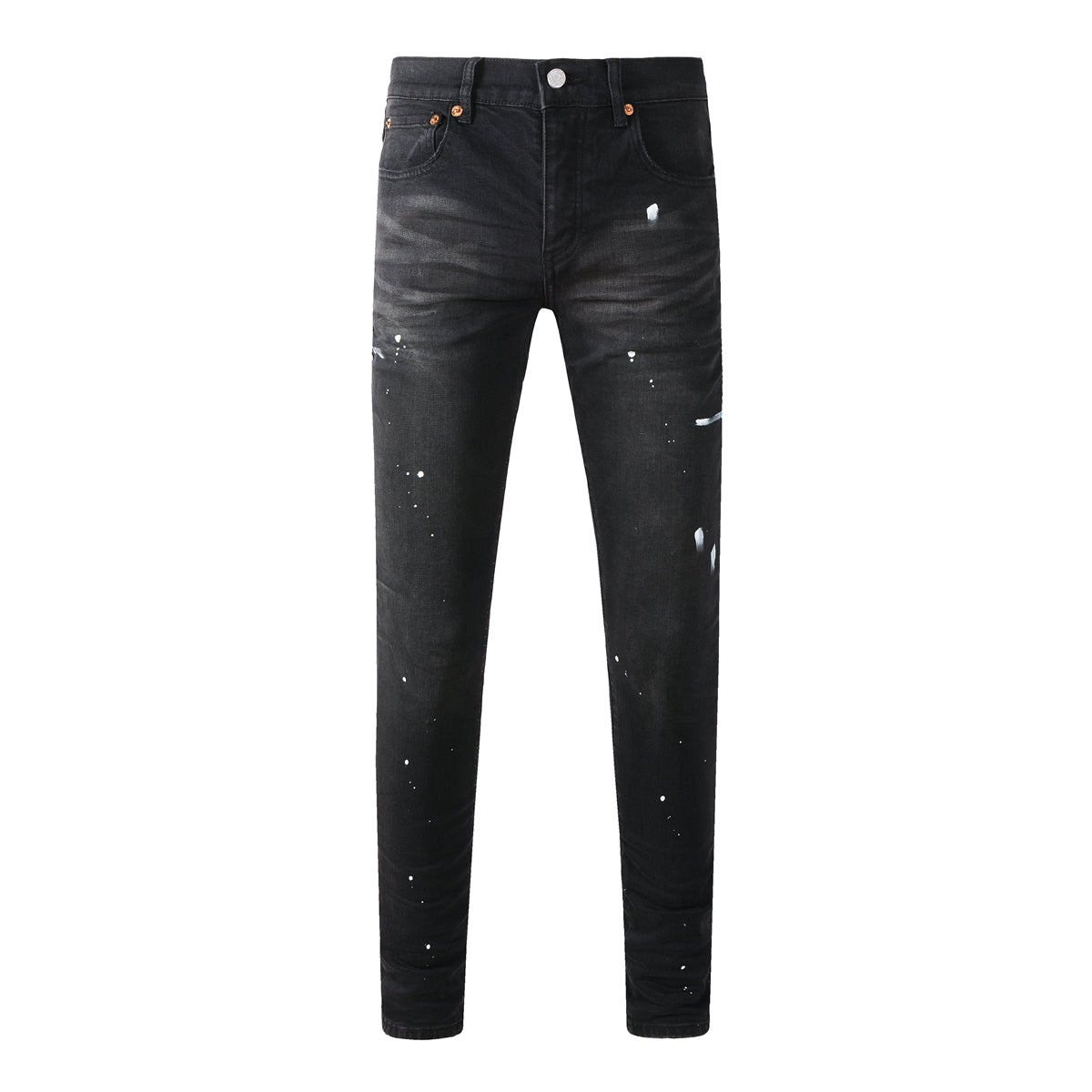Men’s Black Skinny Jeans with White Paint Splatter Detailing Streetwear Stretch Denim Pants 9098