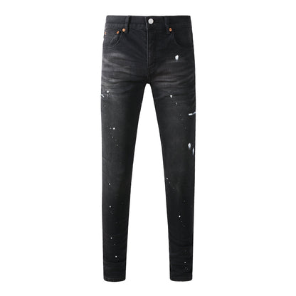 Men’s Black Skinny Jeans with White Paint Splatter Detailing Streetwear Stretch Denim Pants 9098
