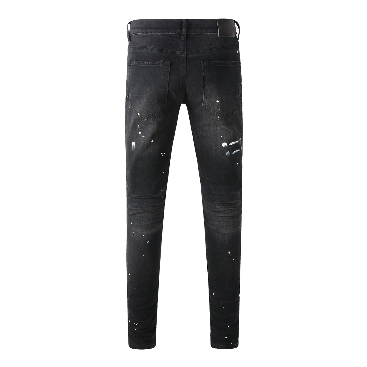 Men’s Black Skinny Jeans with White Paint Splatter Detailing Streetwear Stretch Denim Pants 9098