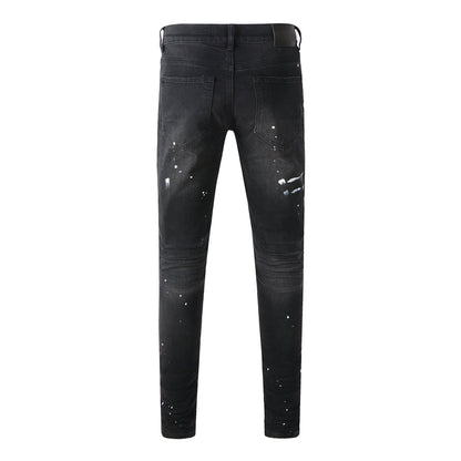 Men’s Black Skinny Jeans with White Paint Splatter Detailing Streetwear Stretch Denim Pants 9098