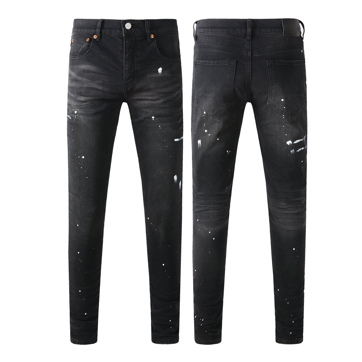 Men’s Black Skinny Jeans with White Paint Splatter Detailing Streetwear Stretch Denim Pants 9098